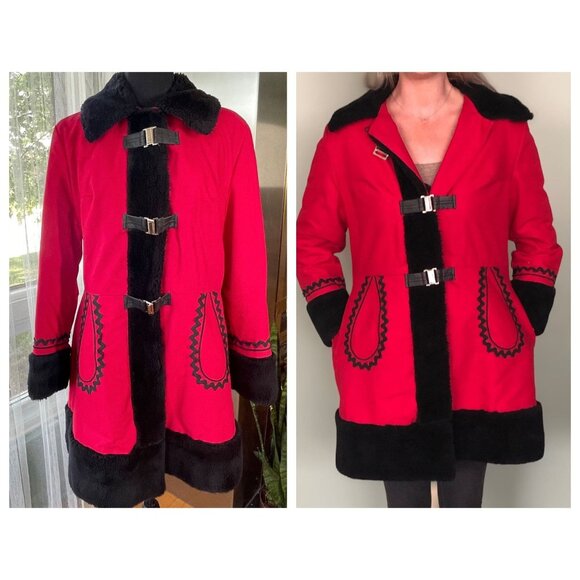 Vintage 80s ladies coat, red & black parka, faux fur collar & cuffs, 6/8 (S/M) - Picture 2 of 9